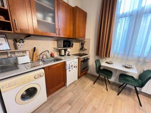 ソフィアにあるBudapest Central Cozy Studio w Working Space and WiFiのシンクと洗濯機付きのキッチン