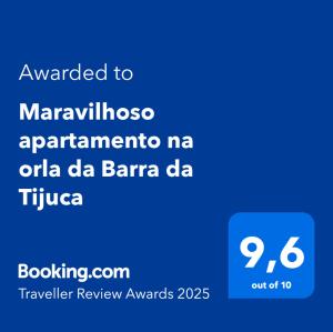 Сертификат, награда, вывеска или другой документ, выставленный в Maravilhoso apartamento na orla da Barra da Tijuca