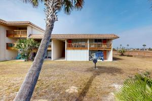 a house with a palm tree in front of it at Oceans 11th in Port Aransas