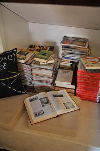 a pile of books sitting on top of a table at Apartment Flower in Dubrovnik