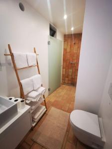 een badkamer met een toilet, een wastafel en een douche bij Casa da Vila in Ferragudo