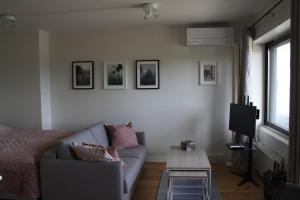 a living room with a couch and a coffee table at Air conditioned condo downtown with lake view in Hämeenlinna