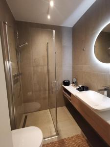 a bathroom with a shower and a sink and a toilet at SO Maison Petite in Augsburg