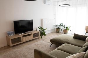 ペーチにあるhellohome apartmanのリビングルーム(木製エンターテイメントセンター、薄型テレビ付)