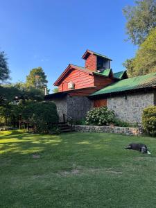 ビジャ・ヘネラル・ベルグラーノにあるAldea Las Calandriasの家の前の草の上に寝た猫