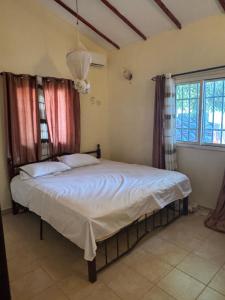 Un dormitorio con una cama con sábanas blancas y ventanas. en Bougan Villa, en Brufut