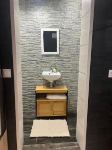 ein Bad mit einem Waschbecken und einer Fliesenwand in der Unterkunft Les oiseaux du paradis in Saint-Antoine-de-Breuilh