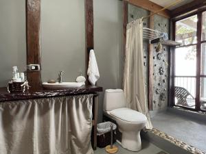 a bathroom with a toilet and a sink and a window at Ecolodge el Arca Bahia Solano in Bahía Solano +166 photos