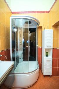 a shower with a glass door in a bathroom at Muresenilor 16 Residence in Braşov