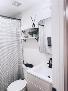 a white bathroom with a toilet and a sink at North Capitol Charm in Washington, D.C. +14 photos