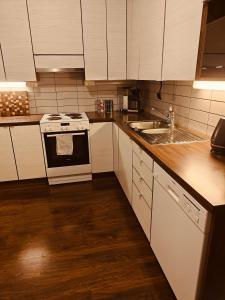 una cucina con mobili bianchi, fornelli e lavello di Arctic Hideout a Rovaniemi