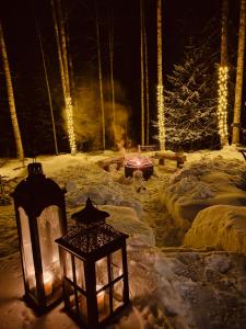 un cortile coperto da neve con luci e luce di strada di Arctic Hideout a Rovaniemi