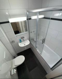 a bathroom with a shower and a toilet and a sink at Seefeld Residenz in Zurich +38 photos