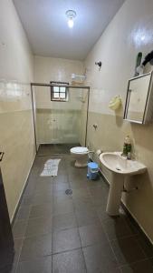 a bathroom with a shower and a toilet and a sink at Sítio embeleze ou Dois irmãos in Juquitiba