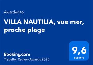 Certifikát, hodnocení, plakát nebo jiný dokument vystavený v ubytování VILLA NAUTILIA, vue mer, proche plage