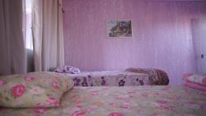 a bedroom with two beds and a pink wall at Pousada Centaurus in Alto Paraíso de Goiás