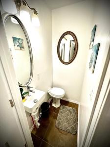 une salle de bain avec un lavabo et un miroir dans l'établissement Stylish Detroit 3 bedroom 4 bed office bar, à Detroit