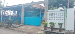 a blue garage with potted plants in front of it at Hafiz Homestay in Pagaralam