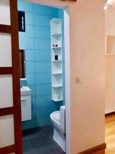 a bathroom with a toilet and a blue wall at Suite au milieu des arbres in Punaauia +23 photos