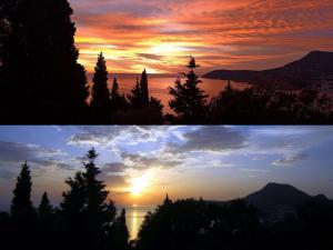 deux photos d'un coucher de soleil avec des arbres et de l'eau dans l'établissement Villa Lavanda, à Sutomore 1 autre photo