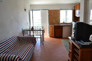 a living room with a couch and a kitchen at Lagos Rustic House in Barão de São João