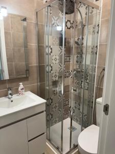 a bathroom with a shower with a toilet and a sink at Vagueira Apartment in Praia da Vagueira +22 photos