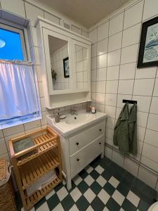 a bathroom with a sink and a mirror at Vindängs Gård Hagbards By in Slöinge +53 photos