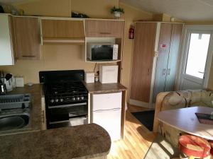 a kitchen with a stove and a microwave at Highfields Rio 6 berth blow heated in Skegness