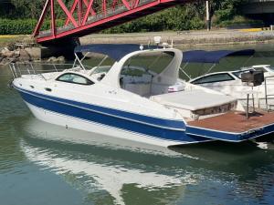 a white and blue boat in the water under a bridge at Embarcação Arlequina in Rio de Janeiro