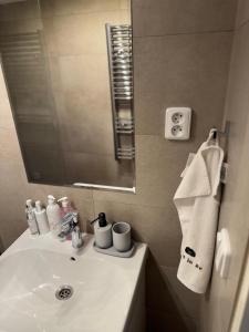 a bathroom with a white sink and a mirror at Yurt in Be Bernartice in Bernartice +31 photos
