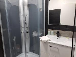 a bathroom with a shower and a sink at Logis Hotel Restaurant Les Platanes in Aramon +14 photos