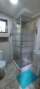 a bathroom with a shower with a toilet and a sink at Eco Tiny House in Panguipulli +7 photos