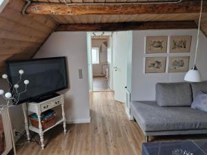 a living room with a couch and a flat screen tv at Lækker lejlighed 1 sal in Hinge