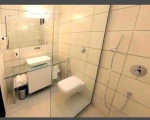 ein Badezimmer mit Toilette, Waschbecken und Spiegel in der Unterkunft Hotel Raviraj, Chhatrapati Sambhaji Nagar in Aurangabad