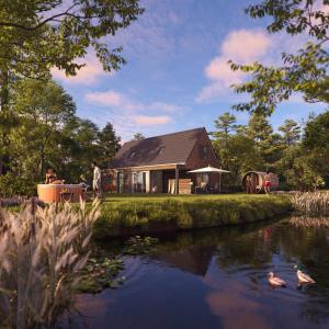 una casa junto a un lago con patos en el agua en Dormio Resort De Hondsrug, en Gasselte 10 fotos más