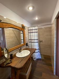 a bathroom with a sink and a shower at Domek w Las Bagnas in Konopki Małe +26 photos