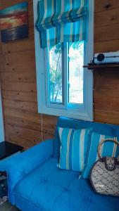 a blue couch in a room with a window at Sugar Cakes Tiny House in Governorʼs Harbour