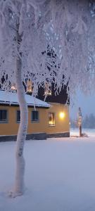 a tree covered in snow in front of a house at Berggasthof Neues Haus in Kurort Oberwiesenthal