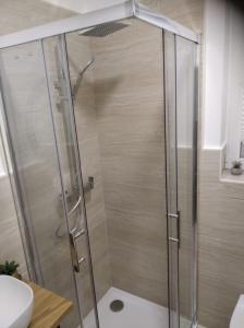 een douche met een glazen deur in een badkamer bij Apartmani Adele in Srima +10 foto's