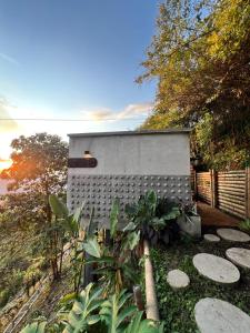 a backyard with a concrete wall and some plants at Cabaña el Refugio Buenavista in Buenavista