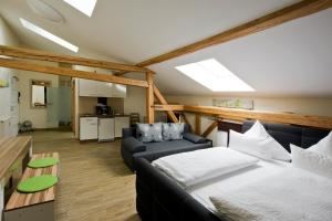 ein Wohnzimmer mit einem Sofa und einer Küche in der Unterkunft Monello Apartments - Charmanter Altbau in Bamberg
