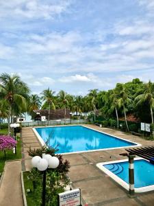 una piscina con palme sullo sfondo di NEWLY RENOVATED Comfy Beachfront View At Seri Bulan Port Díckson a Port Dickson