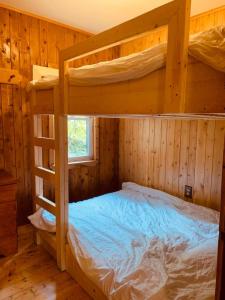 a bedroom with two bunk beds in a cabin at Stella by Starlight in Tobermory