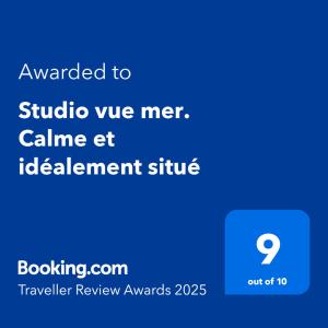 Certifikát, ocenenie alebo iný dokument vystavený v ubytovaní Studio vue mer. Calme et idéalement situé