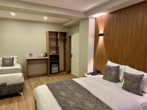 a hotel room with two beds and a desk at Skymoon Istanbul Airport Hotel in Arnavutköy