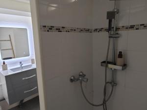 un baño con ducha y lavabo en Bungalow Villa-Déhé, en Deshaies