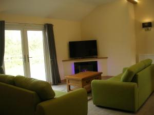 Una sala de estar con dos sillas verdes y un televisor. en Woodland Lodge Hot Tub Sleeps 6, en Hundred House