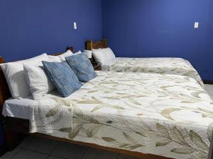 a bedroom with two beds with blue walls at la casona rio in Alajuela
