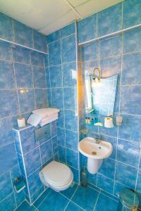 イスタンブールにあるAncient Town Hotelの青いタイル張りのバスルーム(トイレ、シンク付)