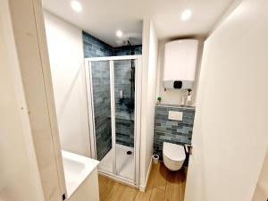 a bathroom with a shower and a toilet at Studio cosy Proche Lyon Arrivée autonome in Cailloux-sur-Fontaines +7 photos